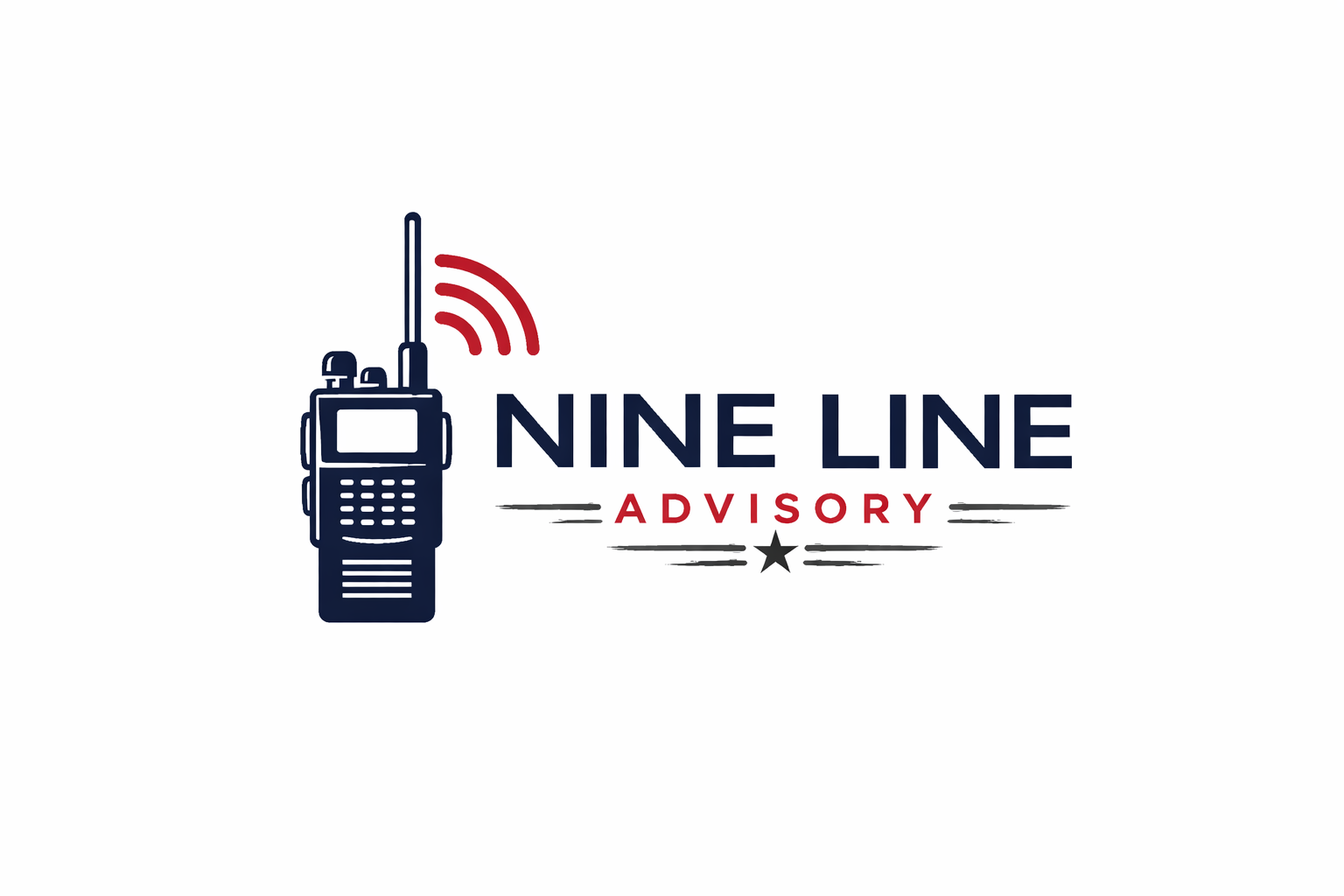 Nine Line Advisory logo featuring a radio transmitting signal waves representing communication, precision, and rapid response business support